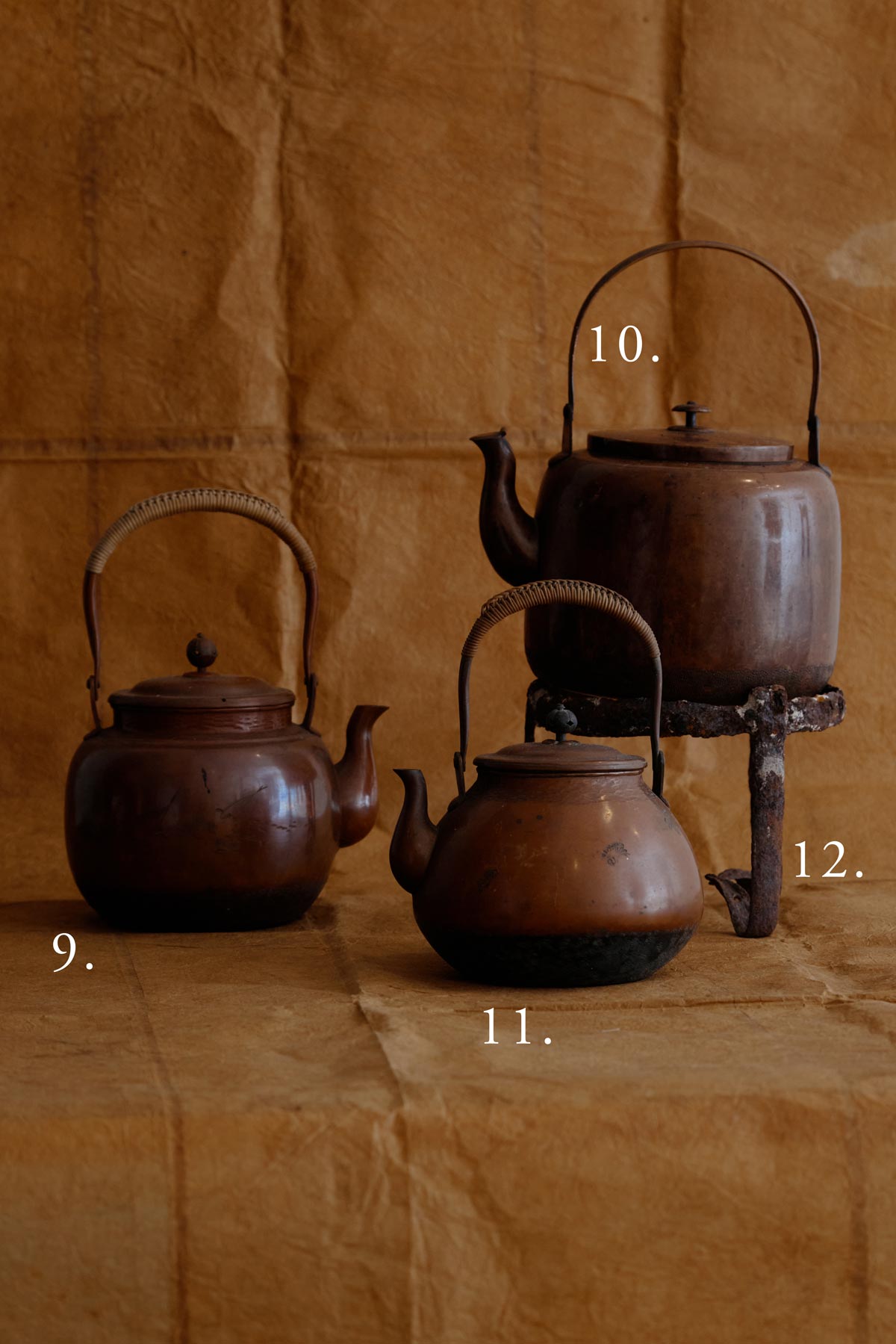 Antique Copper Teapots and Pot Stands for Sado
