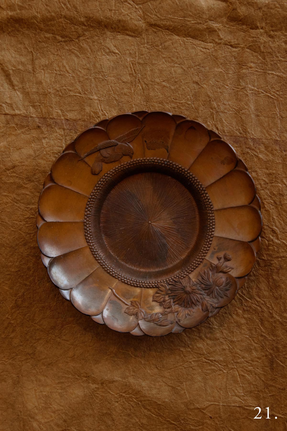 Antique Chrysanthemum Copper Saucer