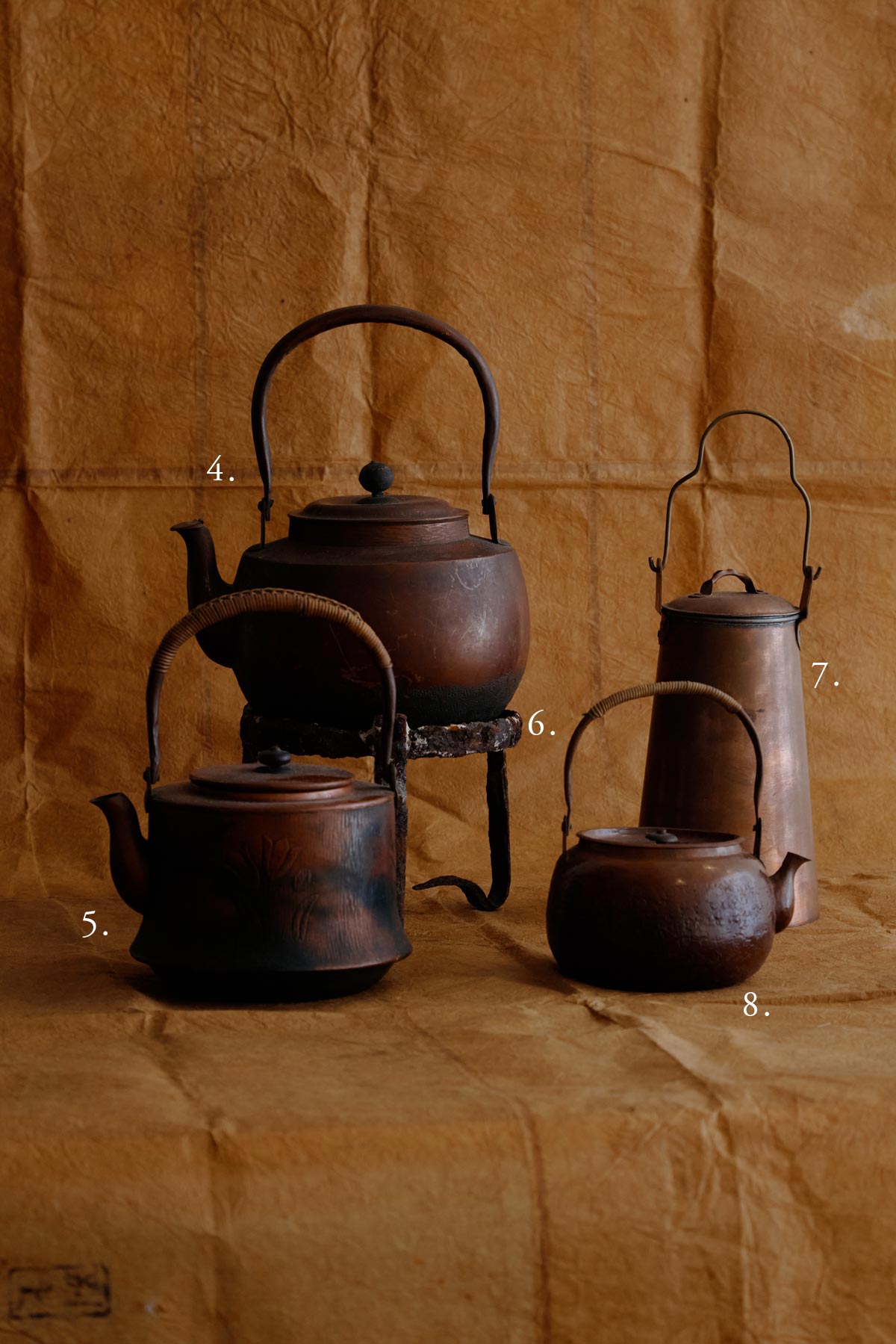 Antique Copper Teapots and Pot Stands for Sado