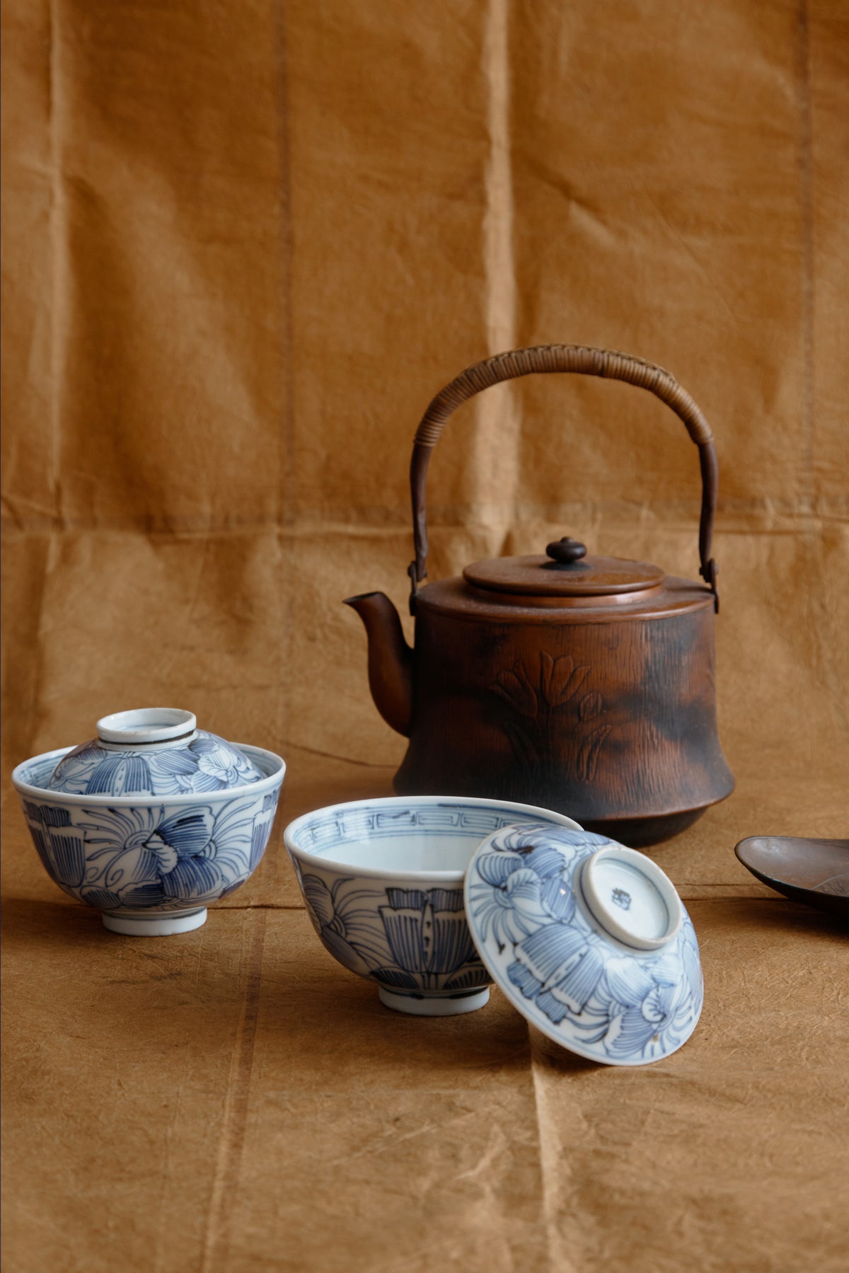 Antique Copper Teapots and Pot Stands for Sado