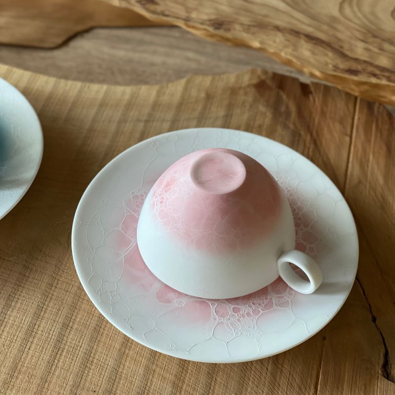 Japanese awa yaki pottery touki to-ki blue pink 'Awa' Egg Shell Coffee Cup & Saucer Yamaheigama native  simplynative